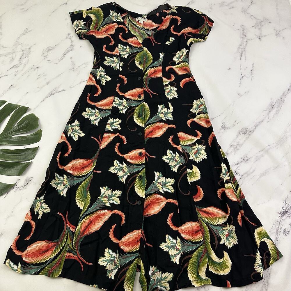 Pat Young Womens Vintage 90s Midi Dress Size L Black Pink Floral Buttons Pockets
